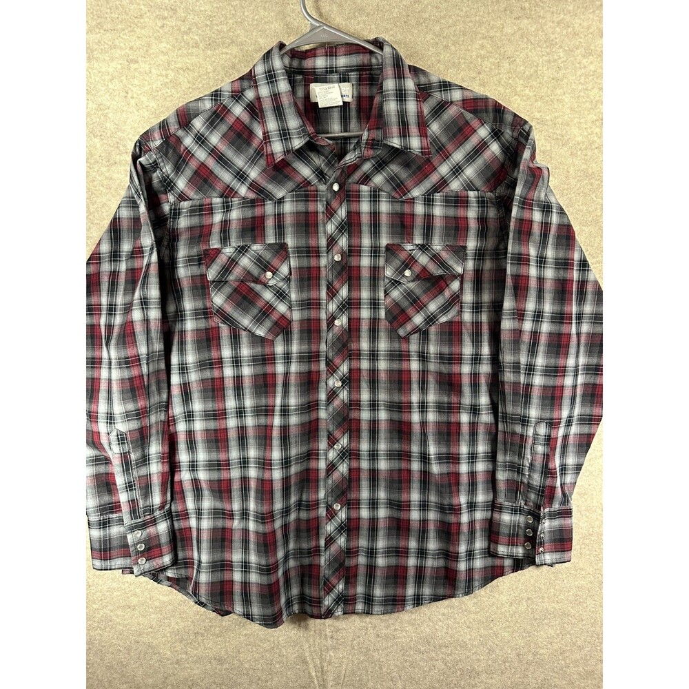 Wrangler Men's Black Burgundy Plaid Pearl Snap Western Shirt Long Sleeve